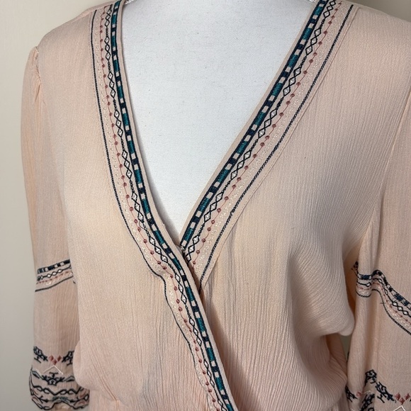 Soieblu Pale Peach Embroidered Rayon Wrap Look Top - Picture 2 of 12